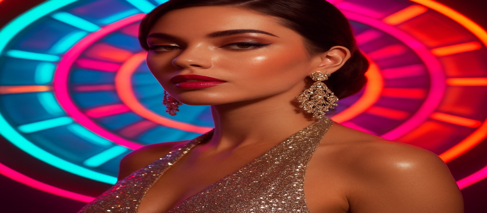 চাকার সামনে উজ্জ্বল পোশাকে এক নারী, t999 ব্র্যান্ডের রঙিন গেমিং